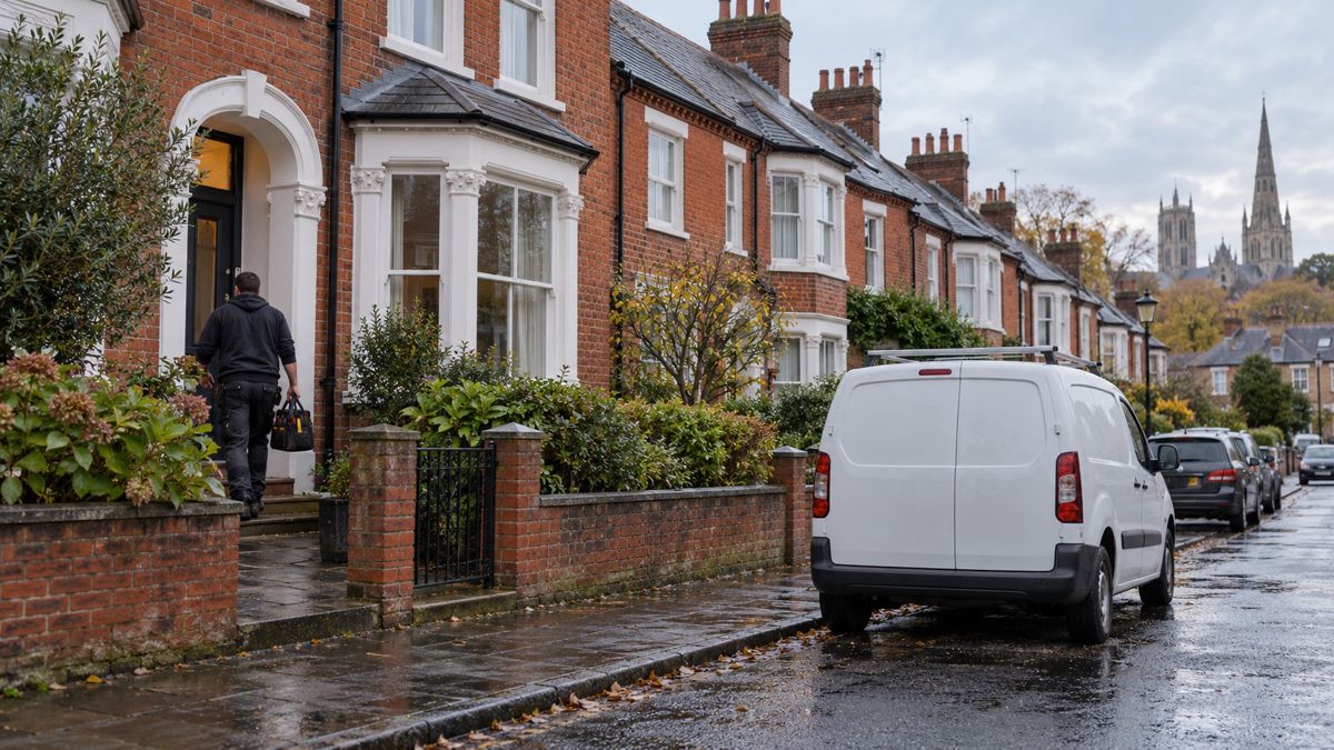 Victorian brick terraced street in Norwich with a plumber's van