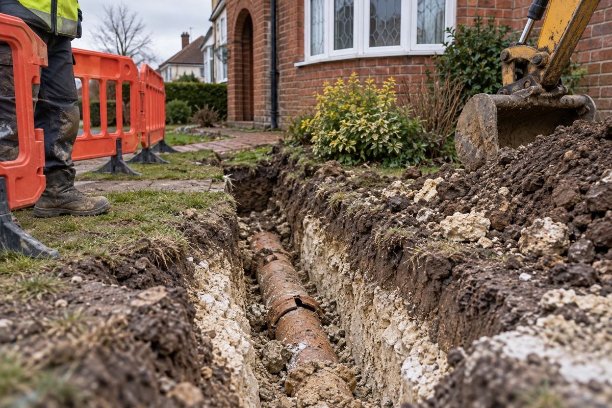 Trench in a front garden exposing a cracked clay drain pipe