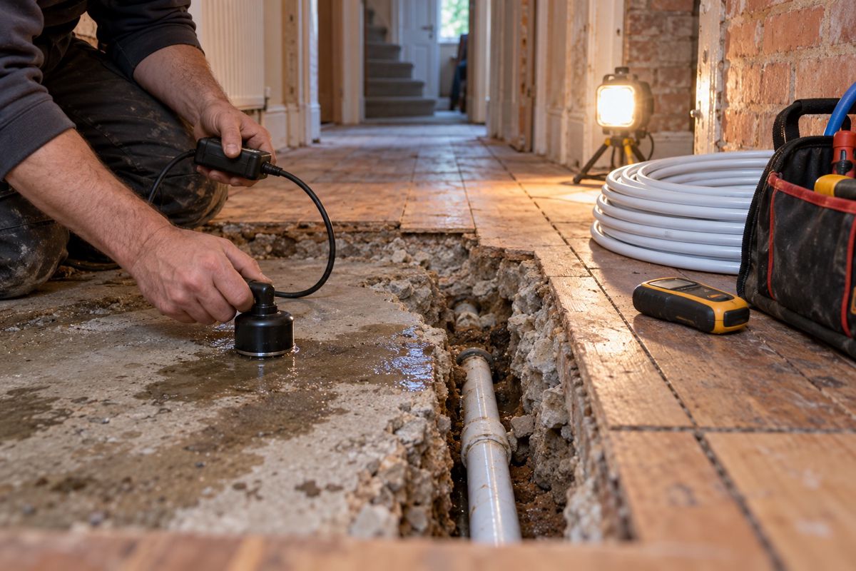 Plumber using a leak detector over an opened solid floor in a hallway